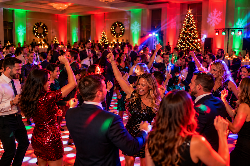 Holiday Party - Cocktails, Dinner & Dance Music + Dance Floor & Decor Uplighting