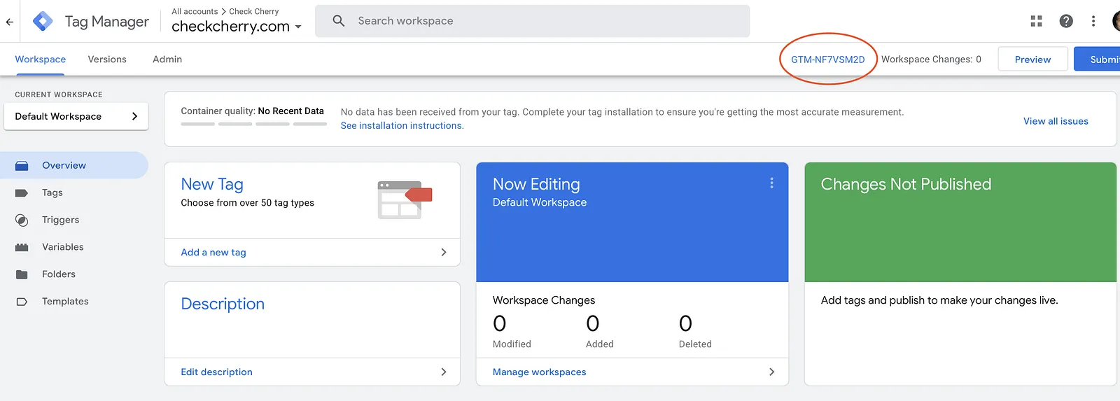 Finding your Container ID in the top right of Google Tag Manager