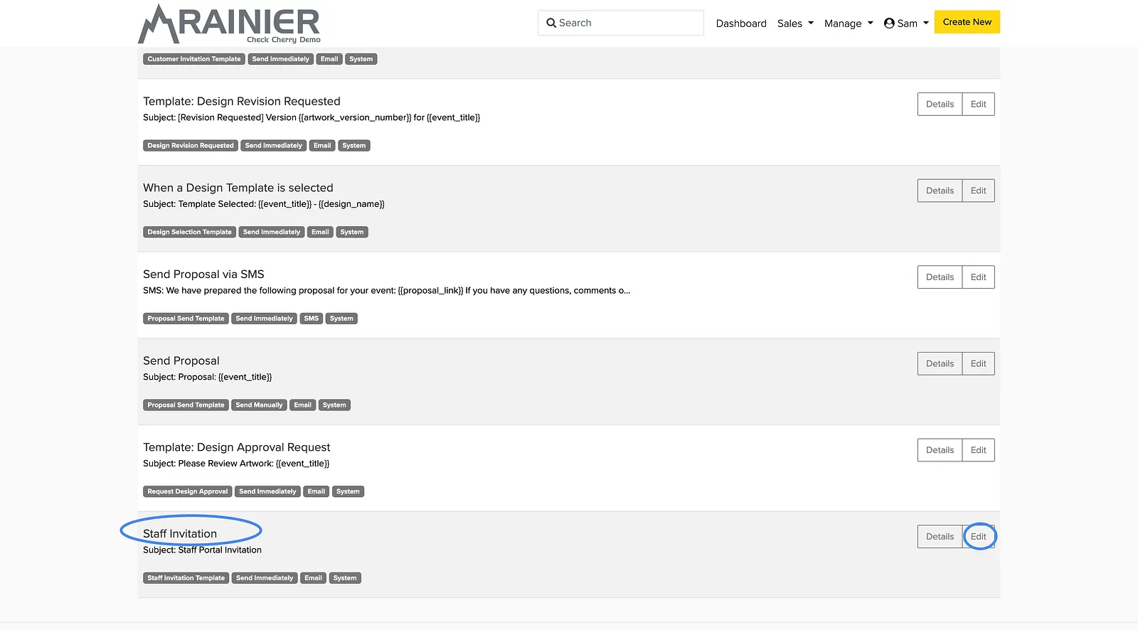 Staff Invitation sits at the bottom of the System Message Templates list.