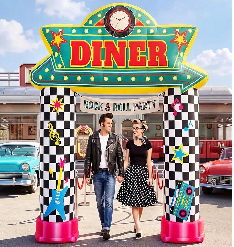 9FT 50s Rock and Roll Theme Party Inflatble Archway Decoration Giant Retro Sock Hop Party Diner Arch Built-in LED Lights