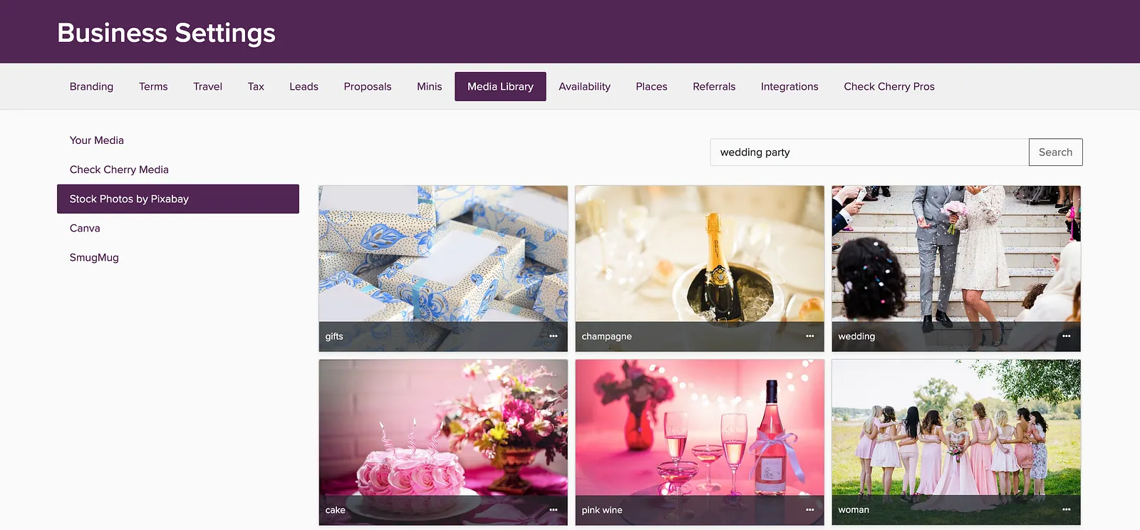 Media Library in Business Settings showing stock photos from Pixabay