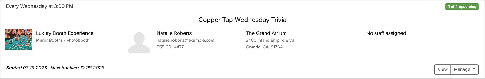 A weekly trivia series on the Recurring Bookings tab showing 4 of 4 upcoming bookings
