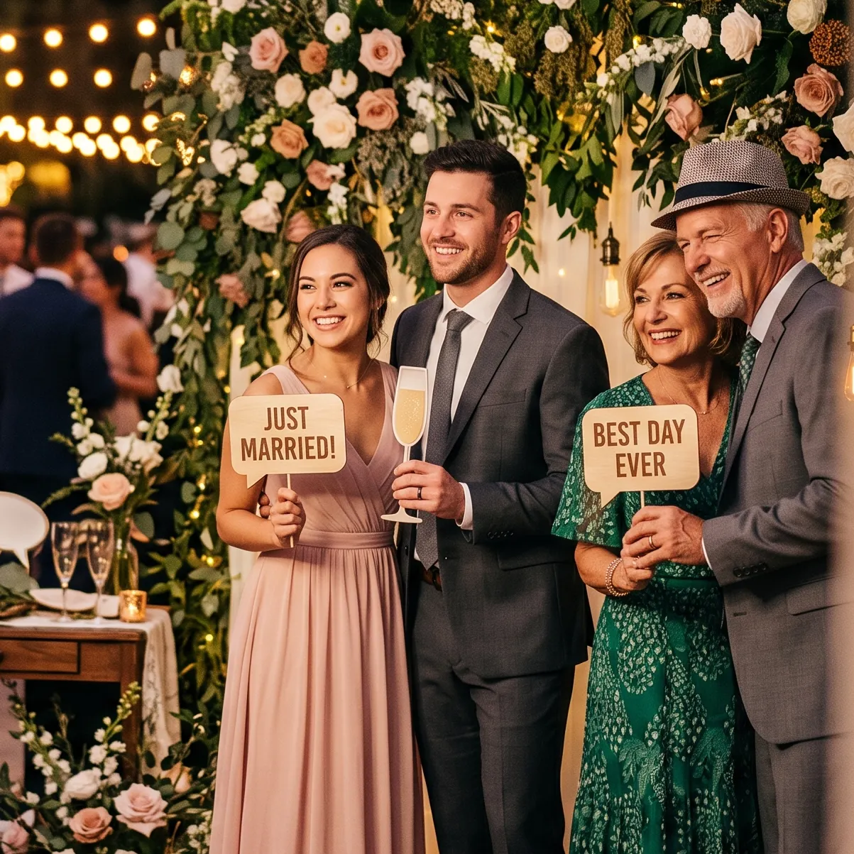 Wedding guests at a floral photo booth backdrop holding Just Married and Best Day Ever signs at an evening reception.