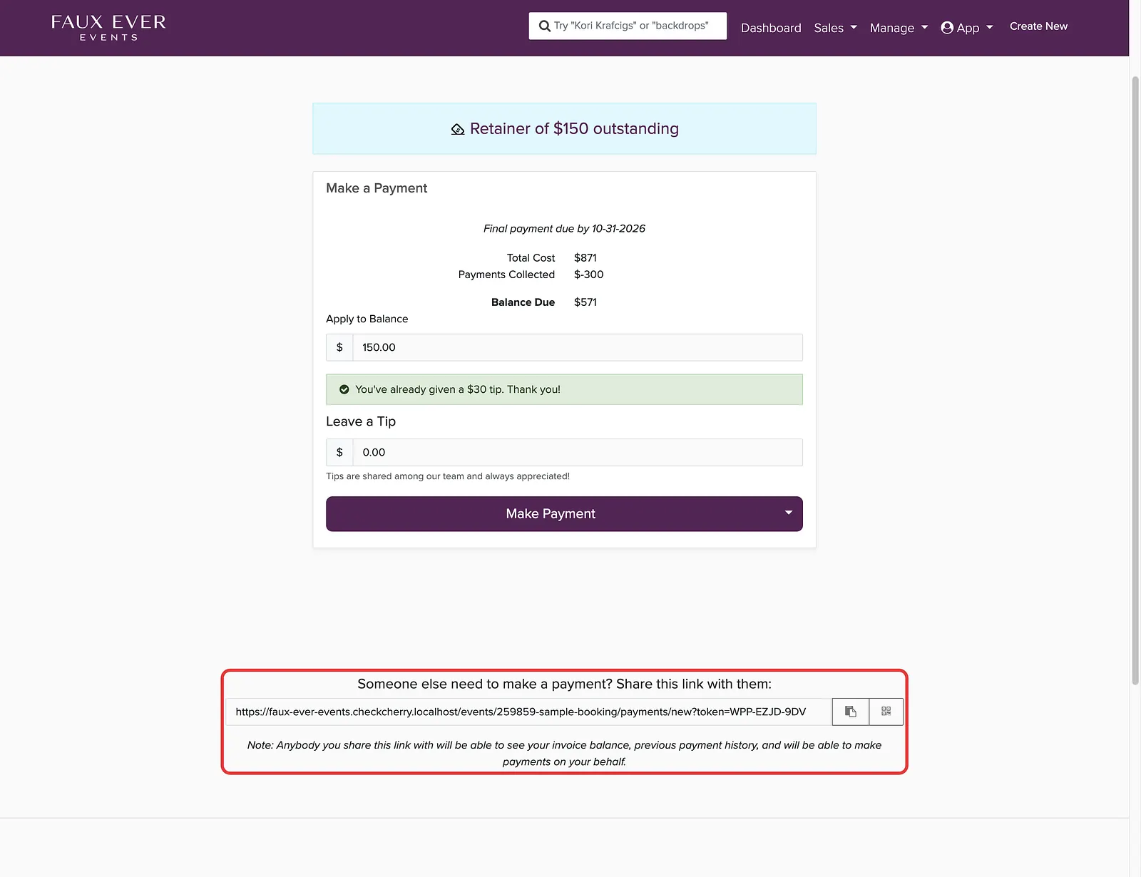 The Make Payment page with the tip field and the shareable payment link at the bottom