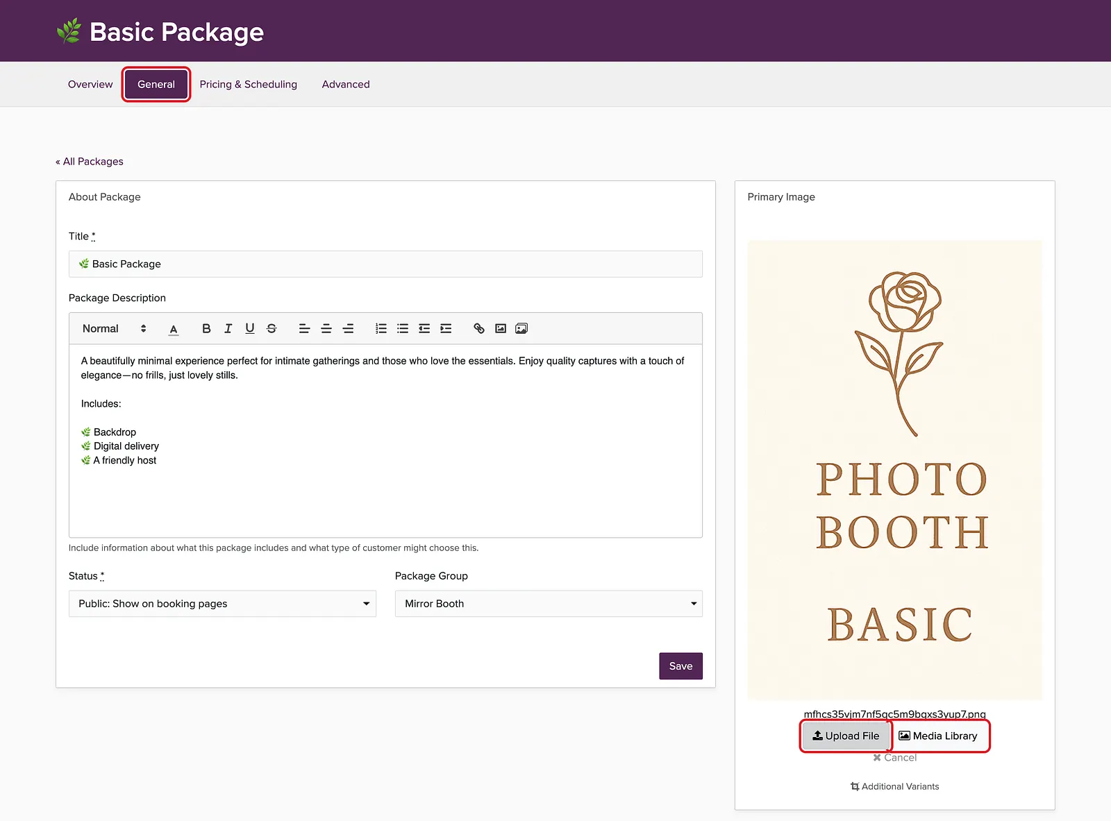 Package General tab with the Upload File and Media Library buttons under Primary Image