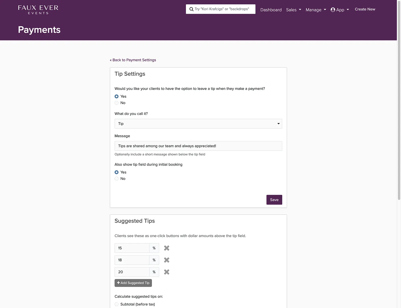 Tip settings page with tips turned on, the name set to Tip, a message, the initial booking option, and suggested tips of 15, 18, and 20 percent
