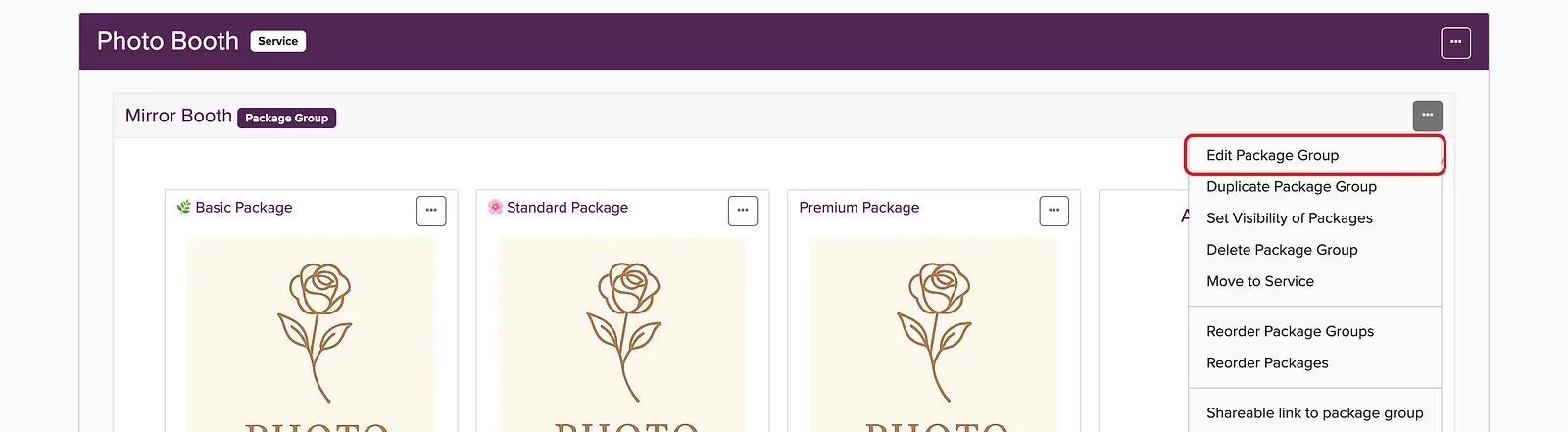 Package group menu open with Edit Package Group highlighted