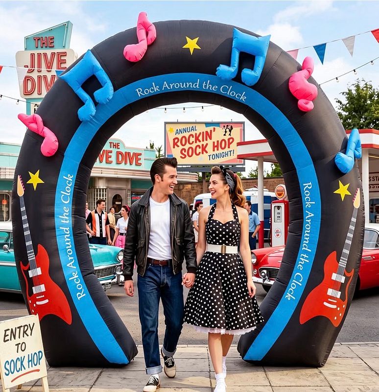 50s Party Inflatable Arch Rock and Roll Black 9 Ft Cowboy Horseshoe with LED Lights