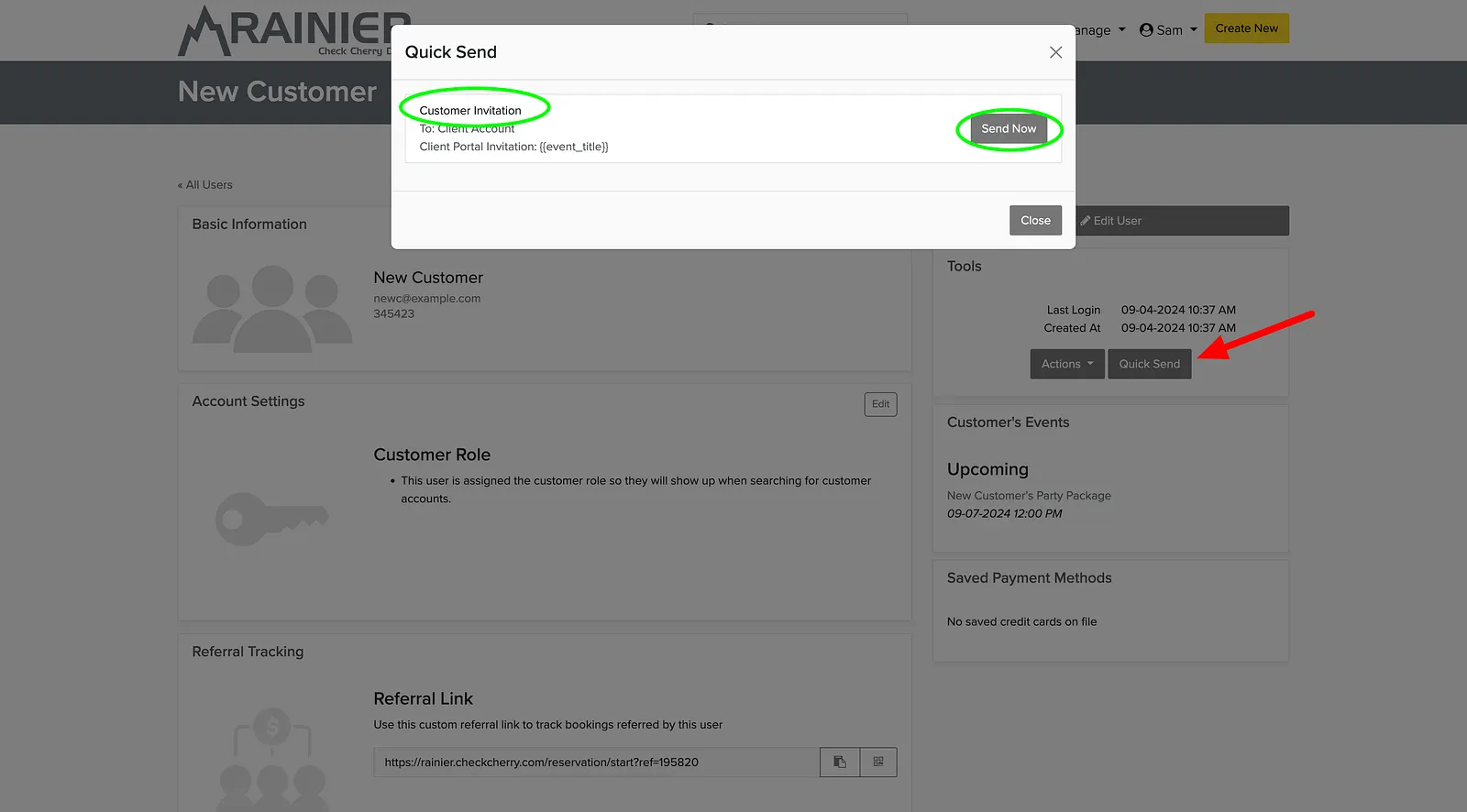 Quick Send lives in the Tools panel on the client's profile.