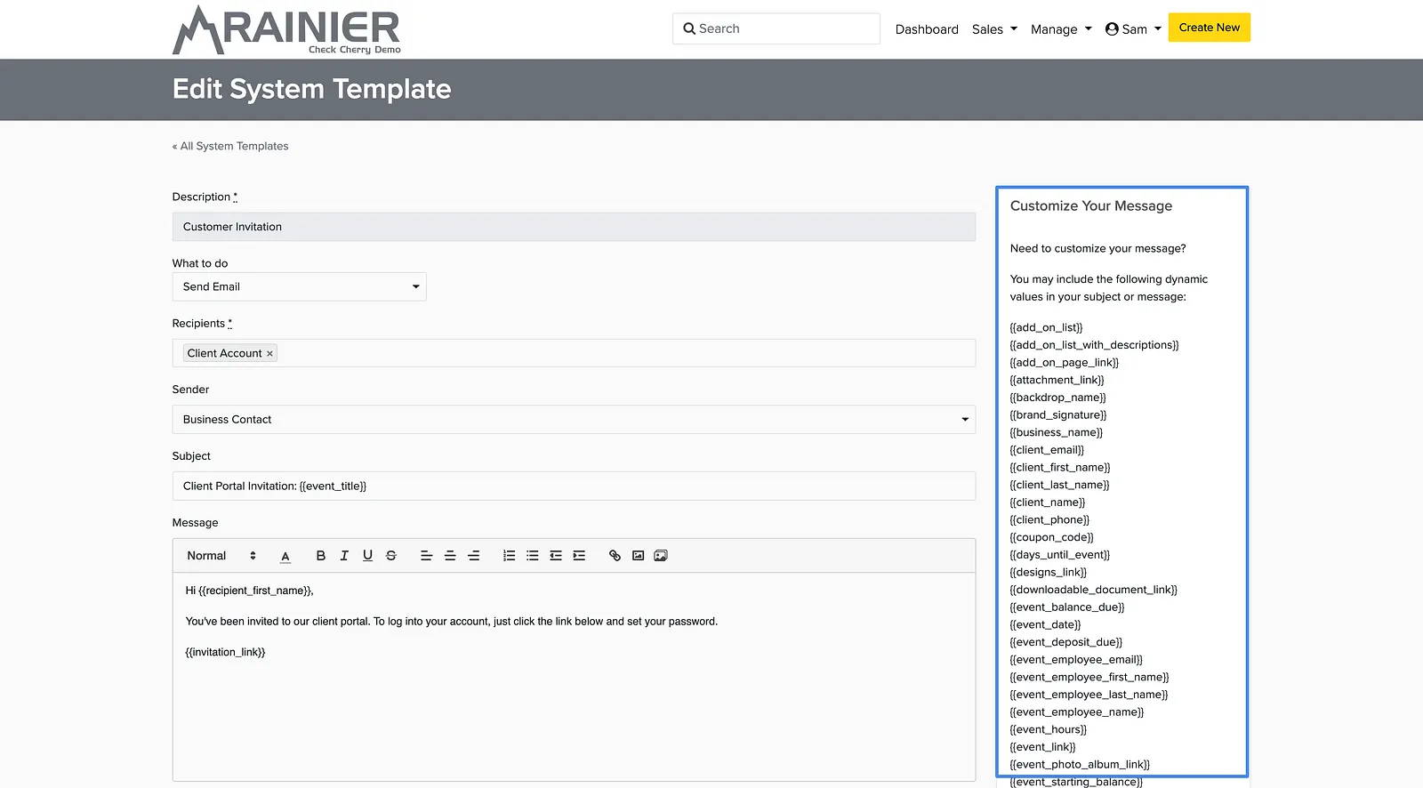 The merge fields you can use are listed alongside the message.