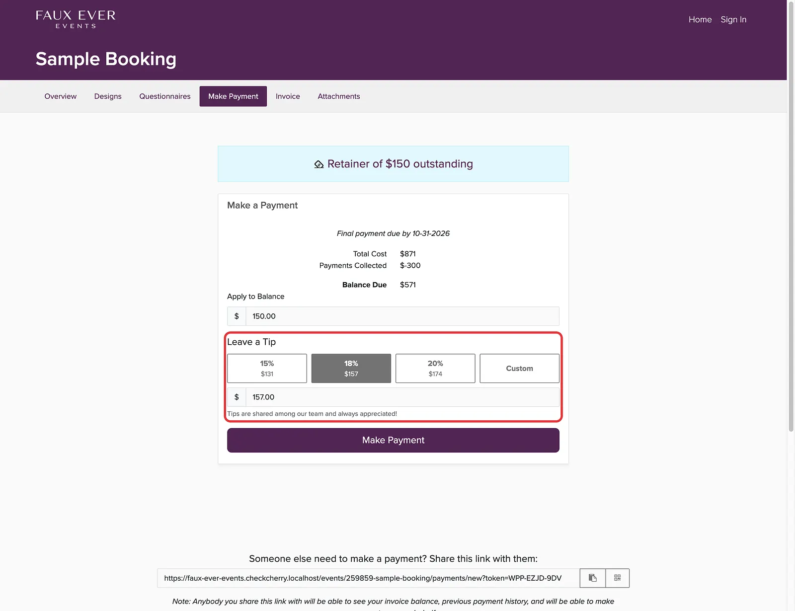 Client payment page with suggested tip buttons for 15, 18, and 20 percent, 18 percent selected, and the tip message below the field