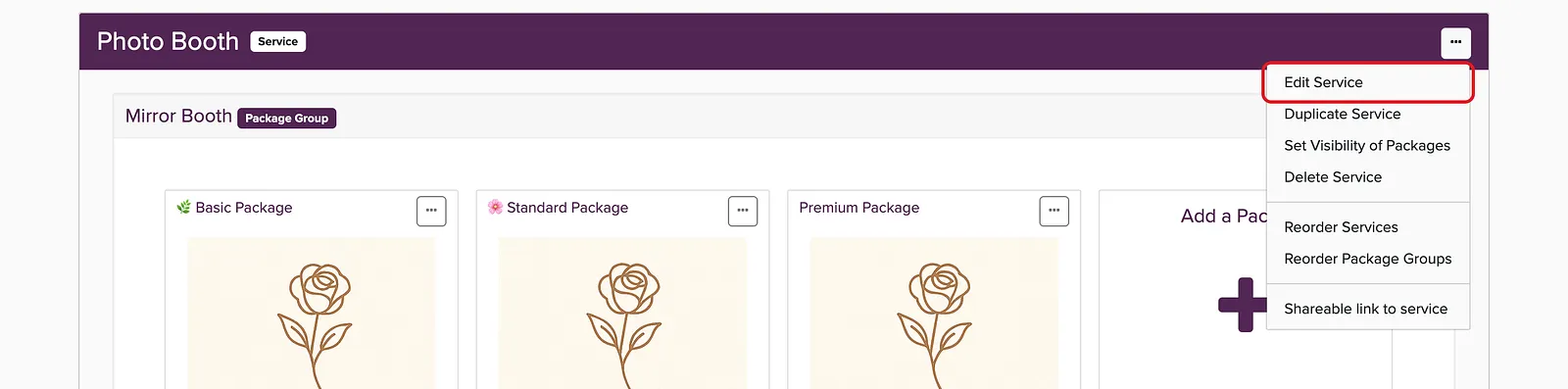 Service menu open on the Packages page with Edit Service highlighted