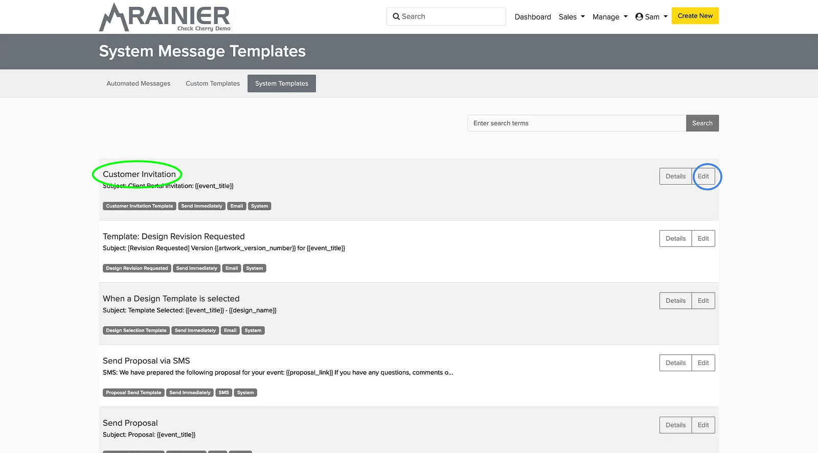 Customer Invitation in the System Message Templates list.