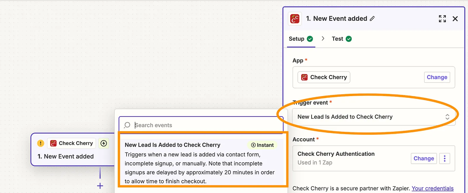Choosing a Check Cherry trigger event in the Zapier editor