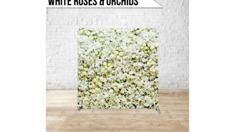 White Roses & Orchids photo booth backdrop