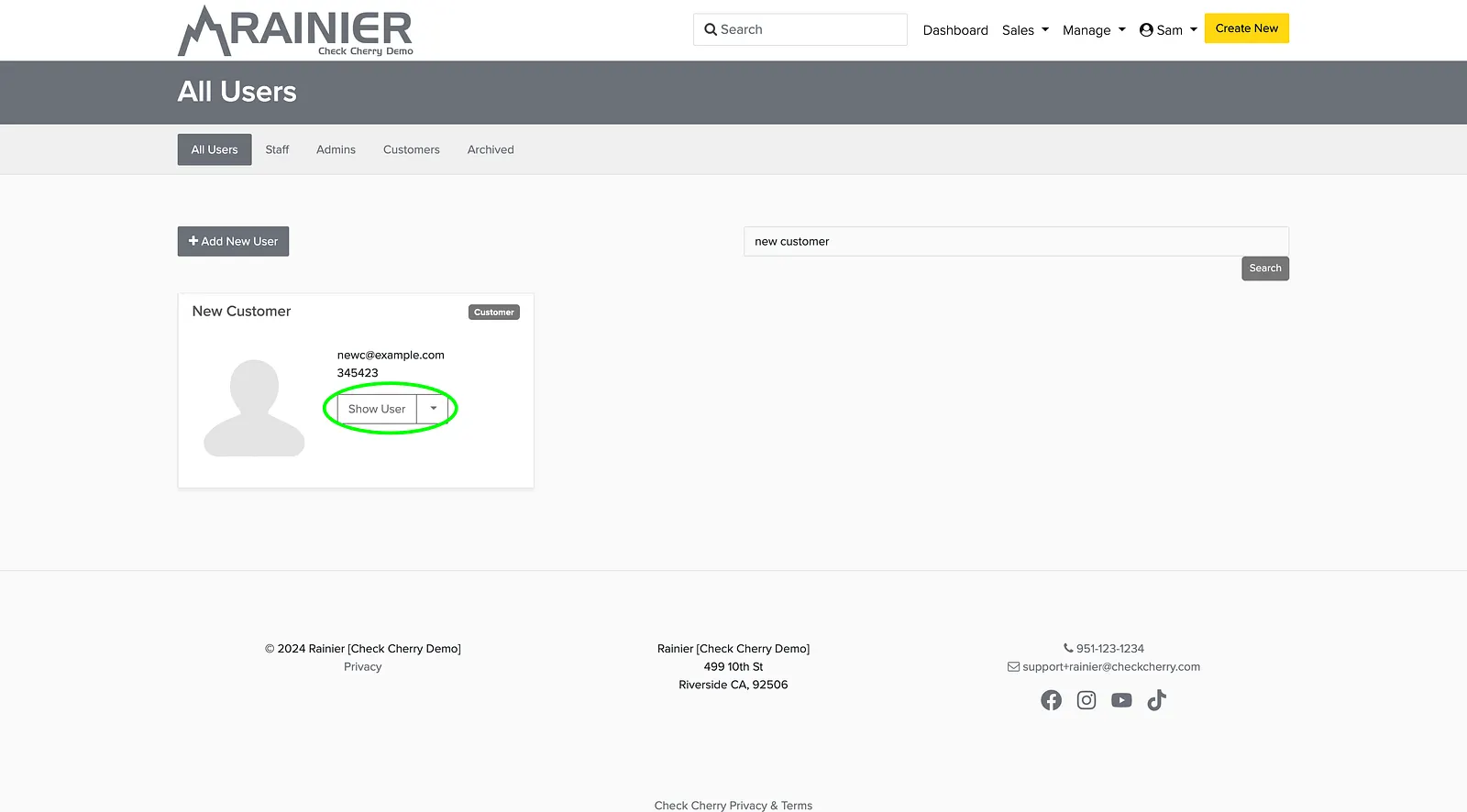 Search the client by name, then open their profile with Show User.