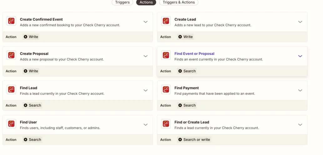 The Check Cherry actions available in Zapier