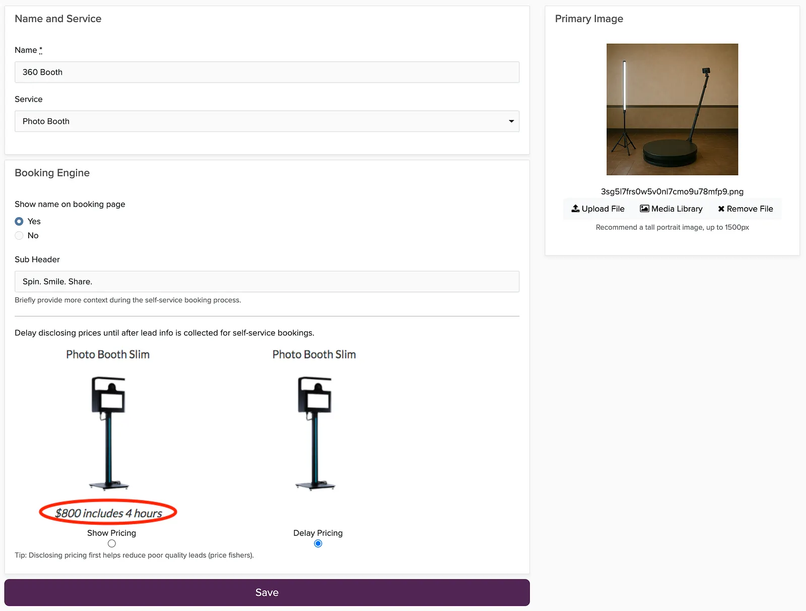 Edit Package Group page with Name and Service, Booking Engine, and Primary Image settings