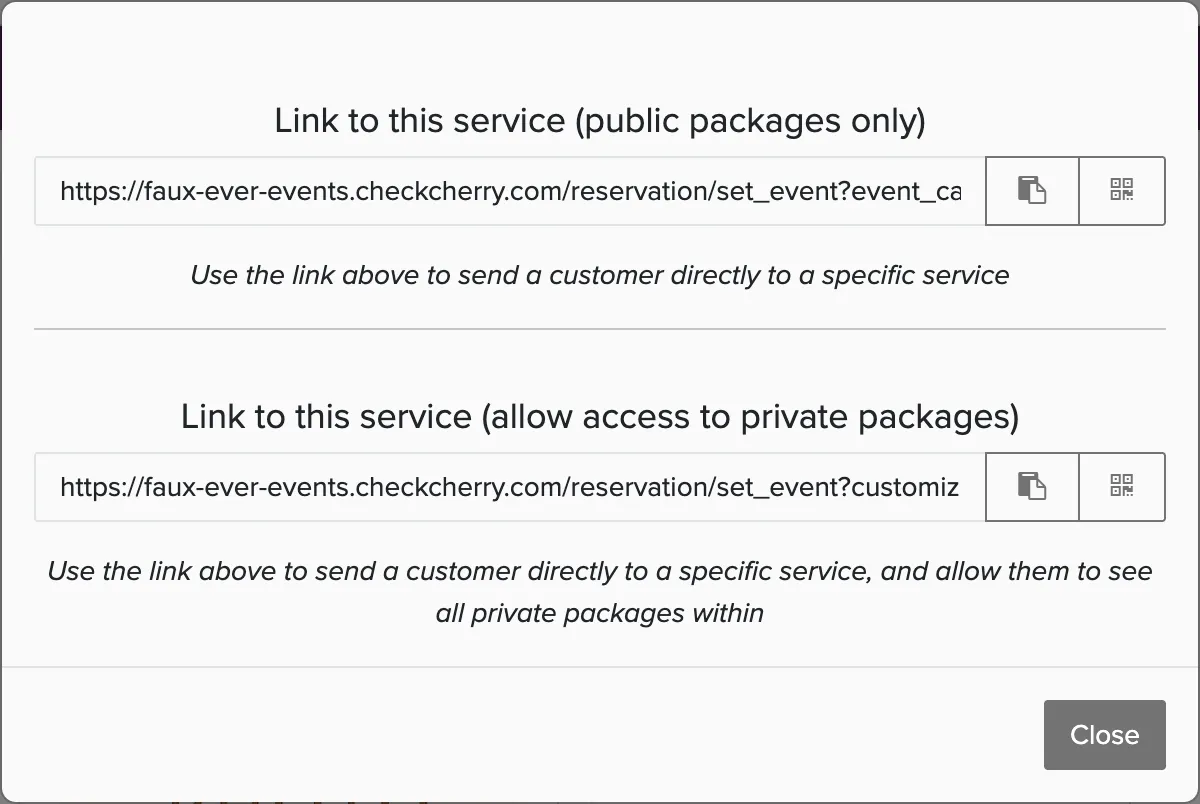 Service link options for public packages only or with private packages