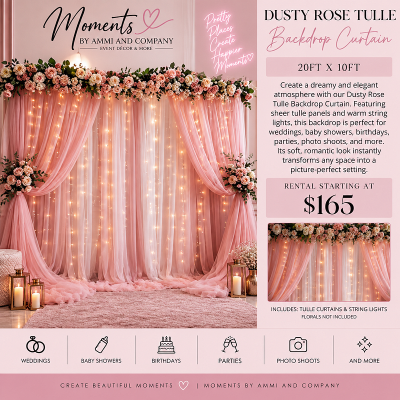 Dusty Rose Tulle & Twinkle Light Backdrop