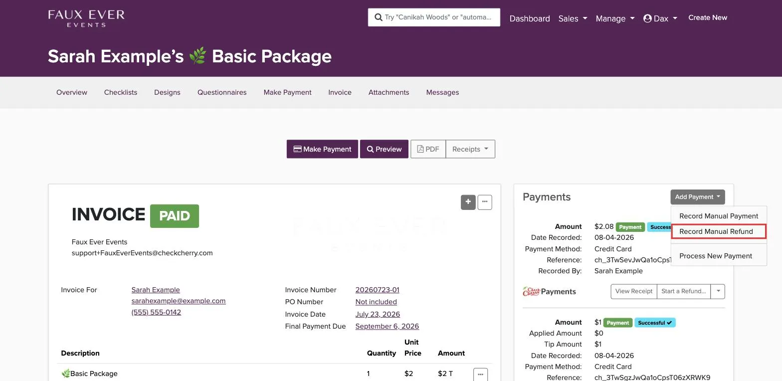 Add Payment menu open with Record Manual Refund highlighted