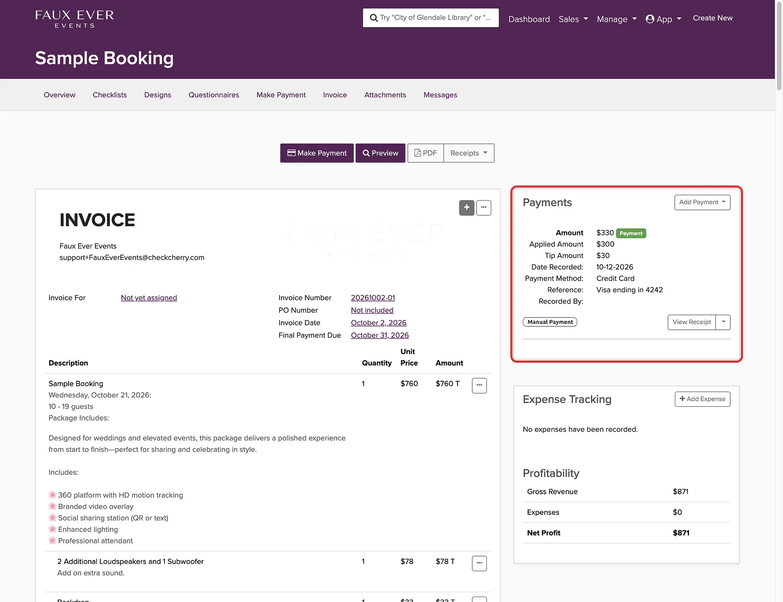 The Payments panel on a booking's Invoice tab showing a $330 payment: $300 applied and a $30 tip