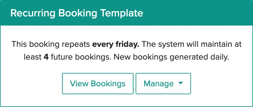 Recurring Booking Template panel with View Bookings and Manage buttons