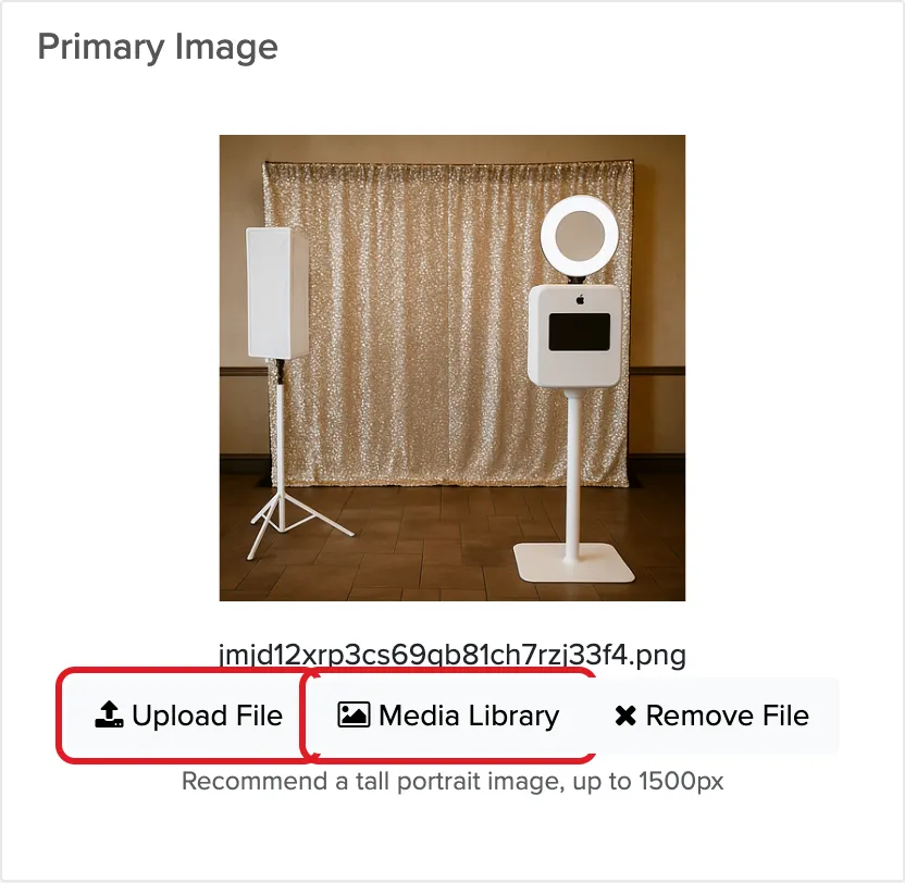 Service Primary Image with the Upload File and Media Library buttons
