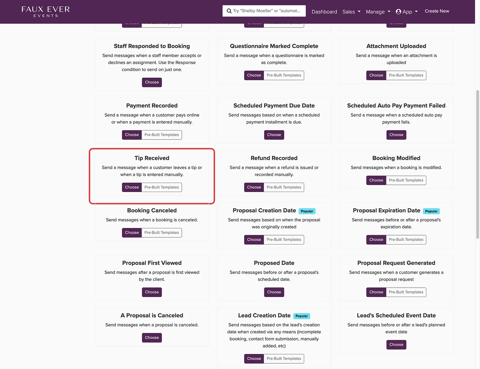 The Tip Received card in the list of automated messages, with Choose and Pre-Built Templates buttons