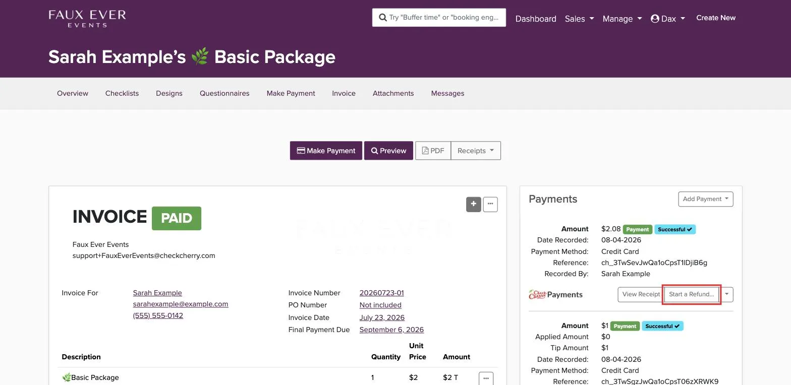 Start a Refund button next to a card payment in the Payments section of the booking invoice