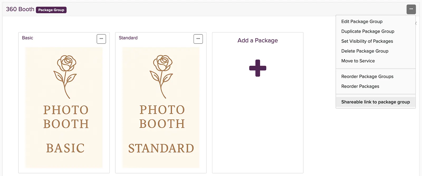 Package group three-dots menu with Shareable link to package group highlighted