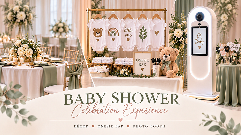 🍼 Baby Shower Celebration Experience  5 Styled Tables + Photo Booth + Interactive Onesie Bar