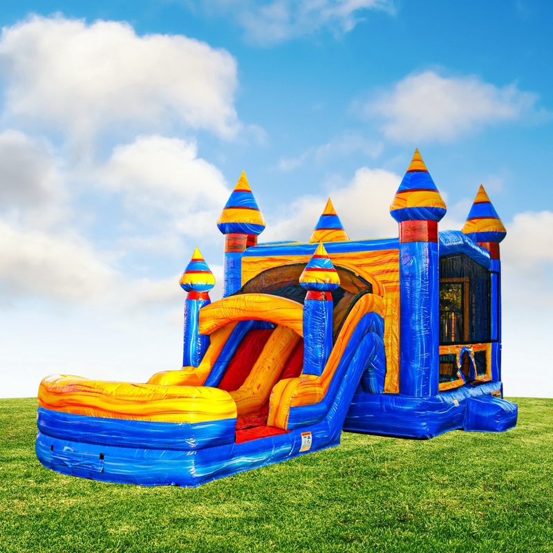 The Triple Rainbow Dual Lane Slide Bounce House with Spacious Pool