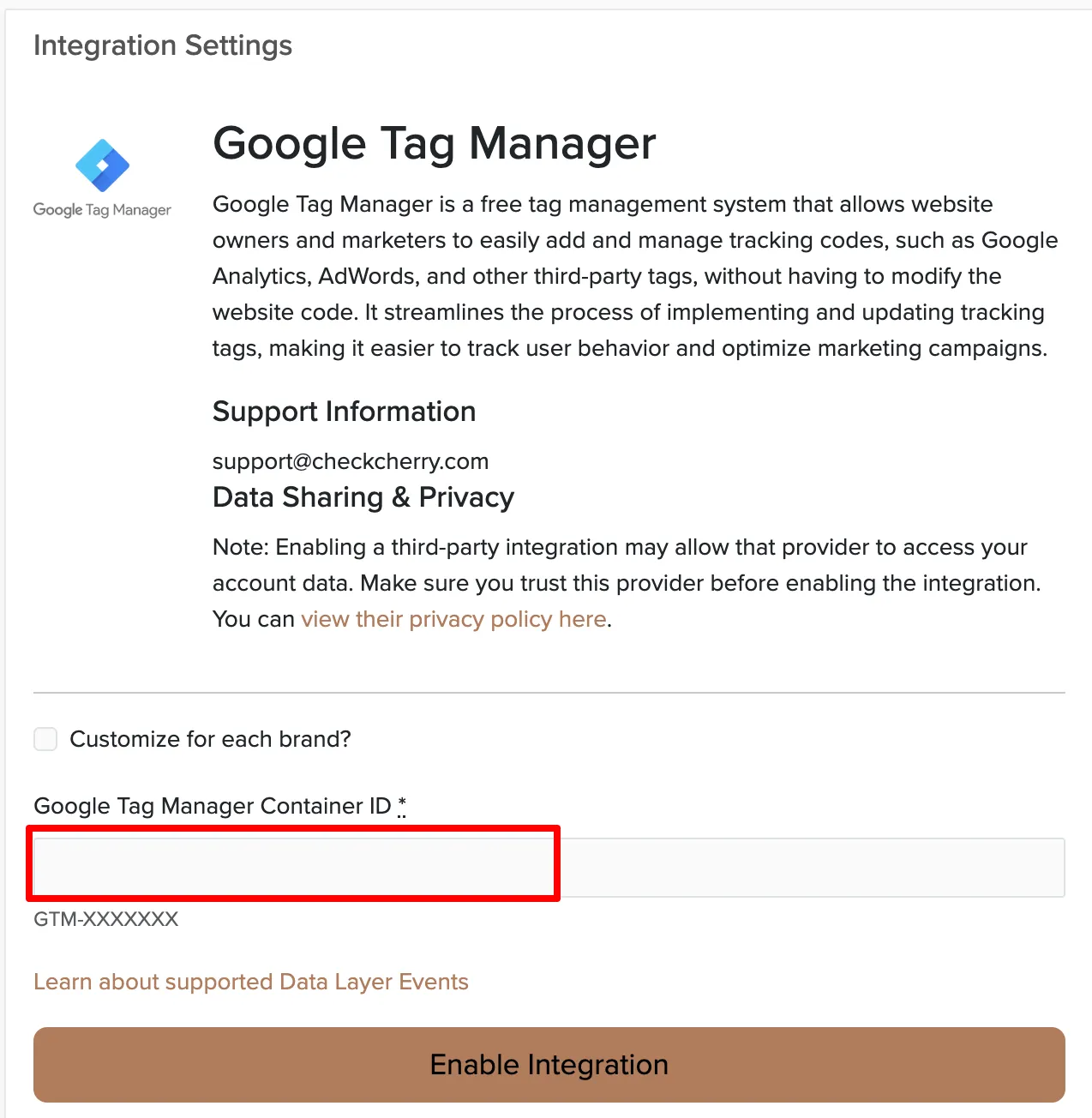 Pasting the Container ID into the Check Cherry Google Tags integration