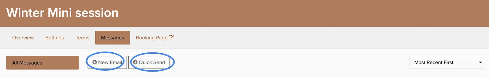 Messages tab with New Email and Quick Send options