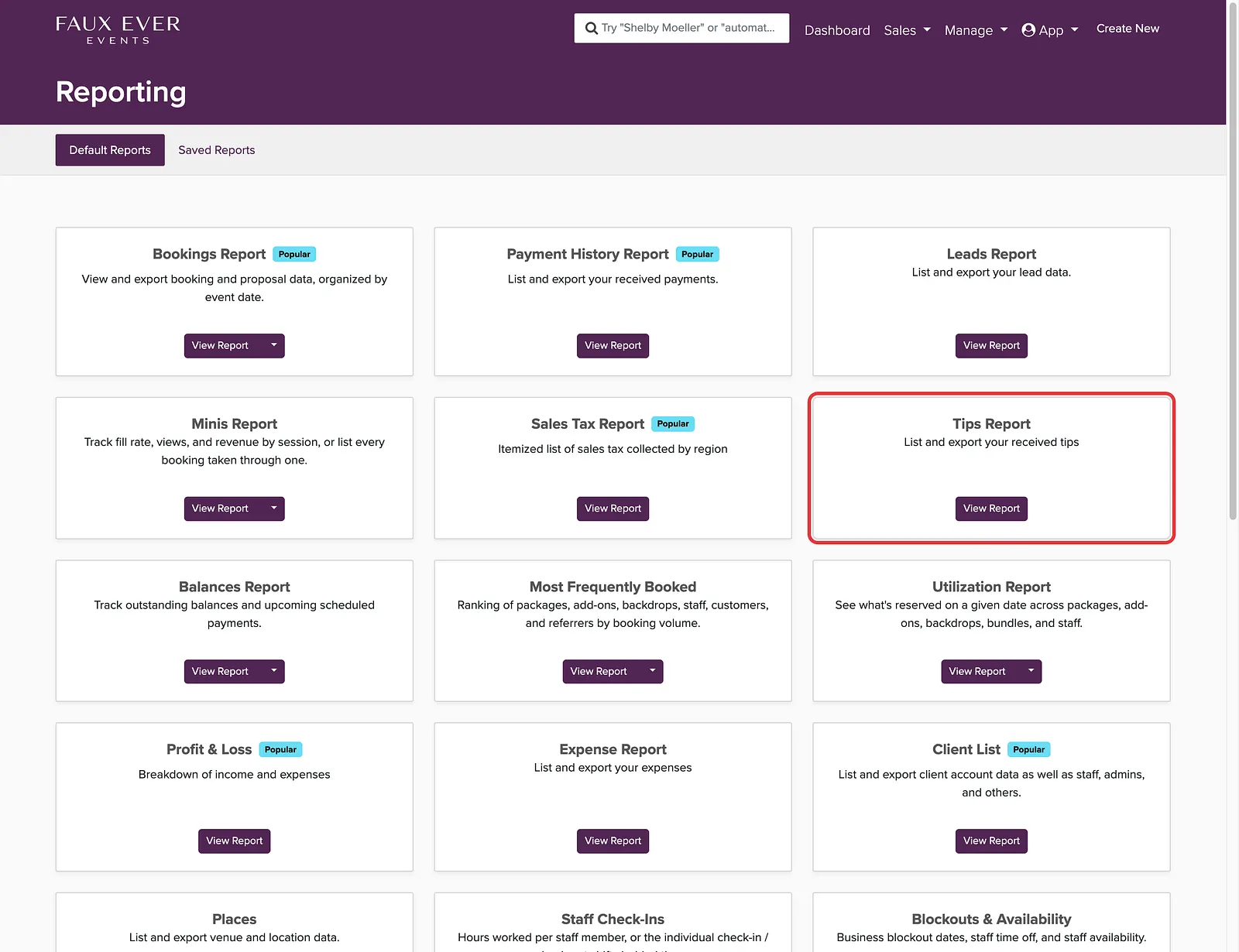 The Tips Report card on the Reporting page