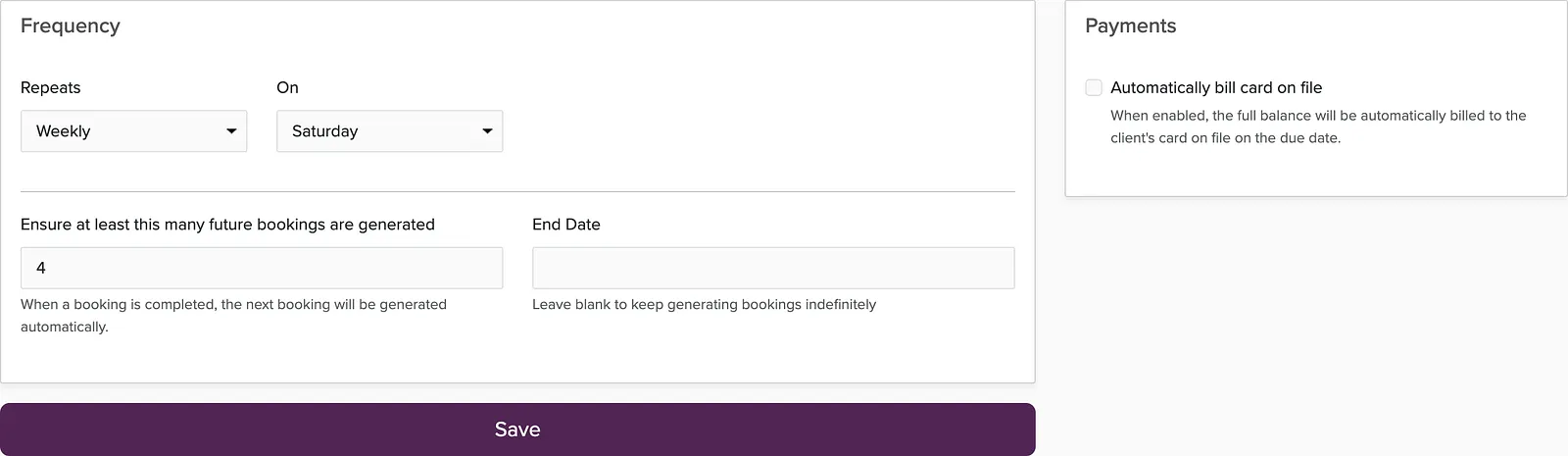 Recurring booking settings with weekly frequency, number of upcoming bookings, end date, and auto-pay
