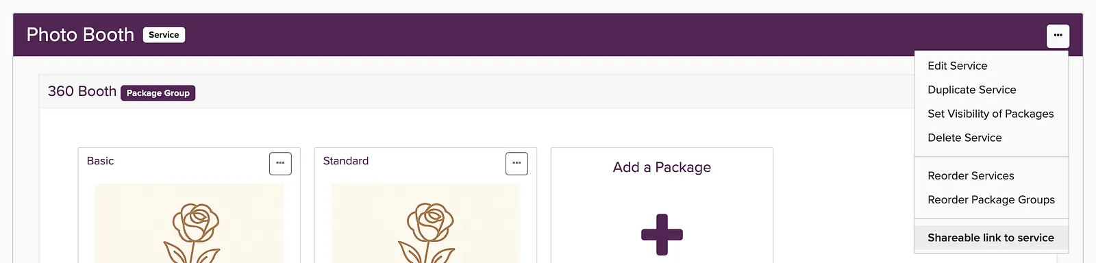 Service three-dots menu with Shareable link to service highlighted