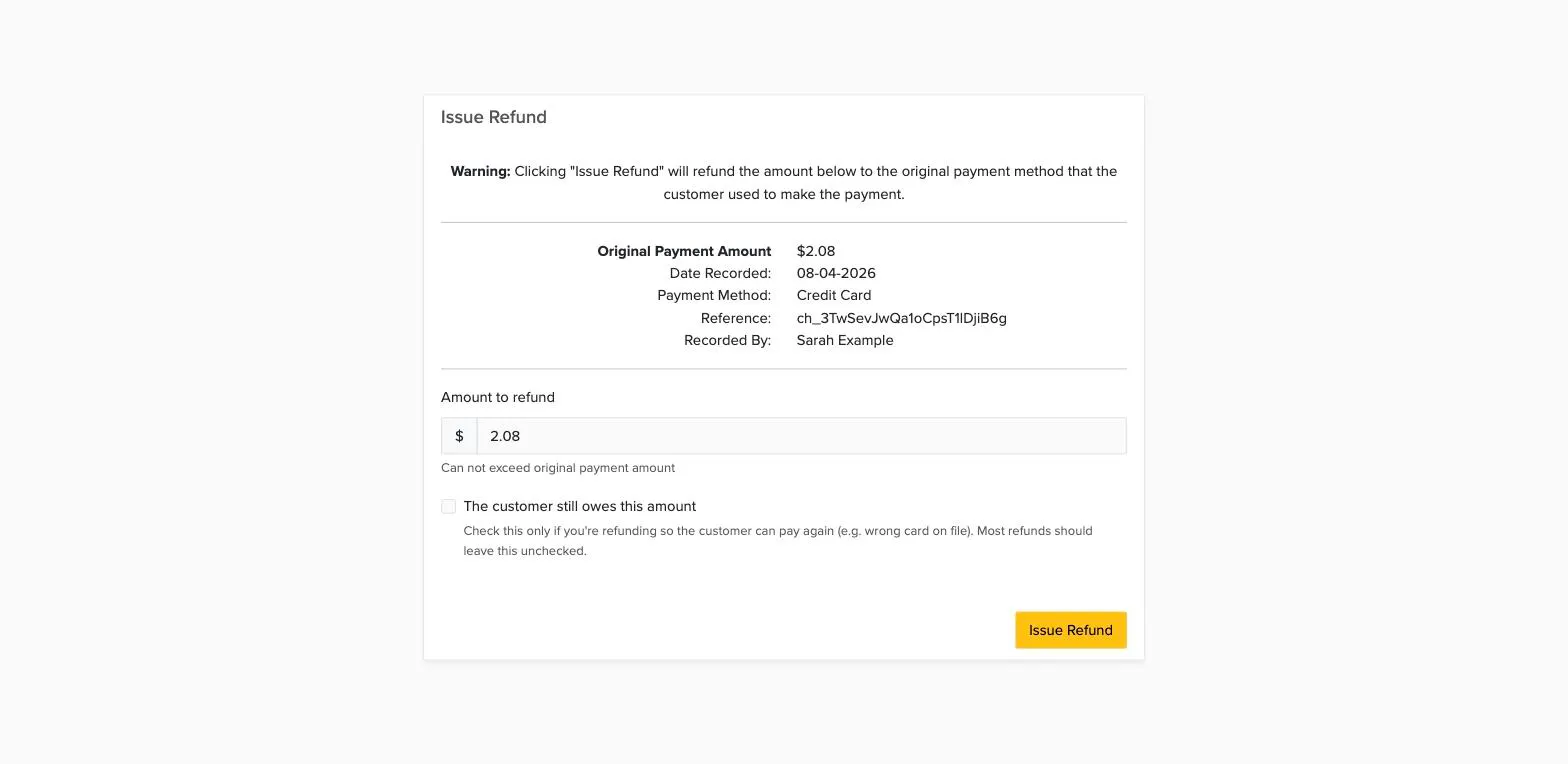 Issue Refund form with the amount to refund and The customer still owes this amount checkbox