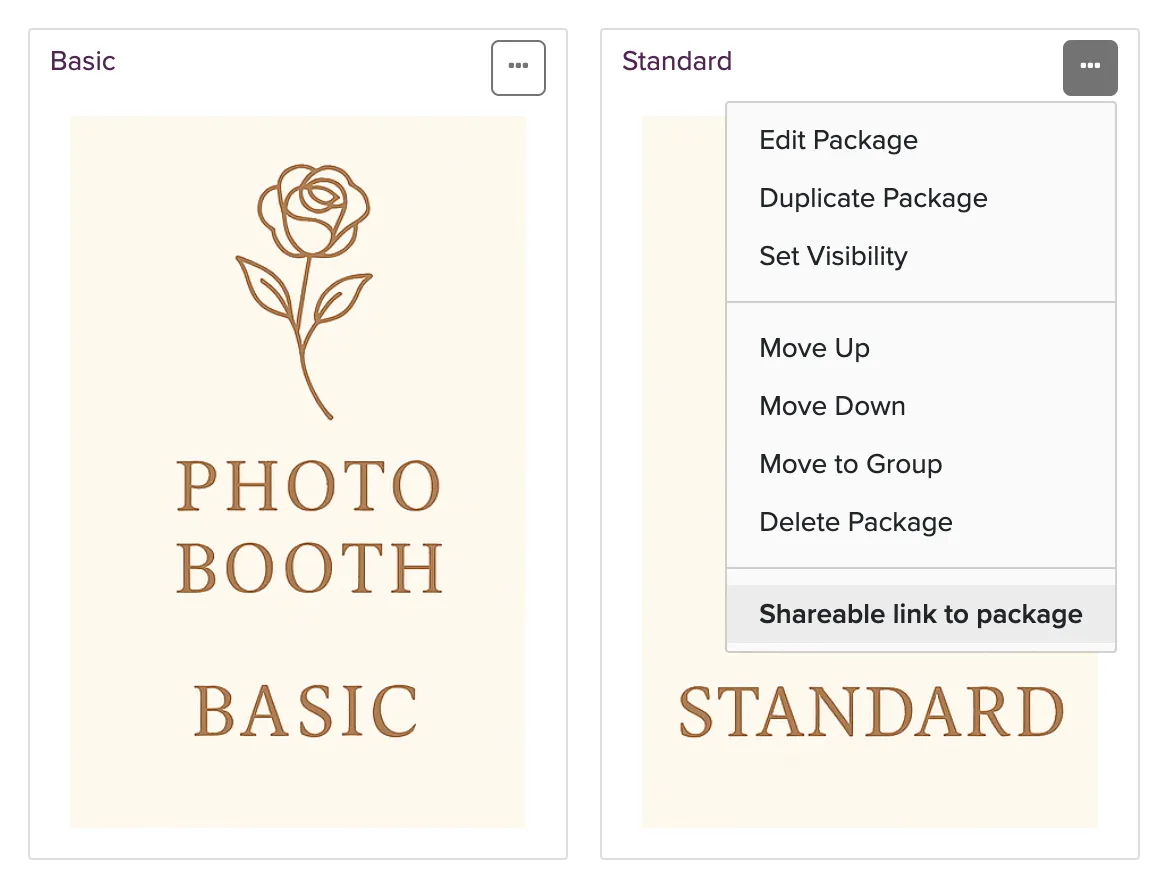 Package three-dots menu with Shareable link to package highlighted